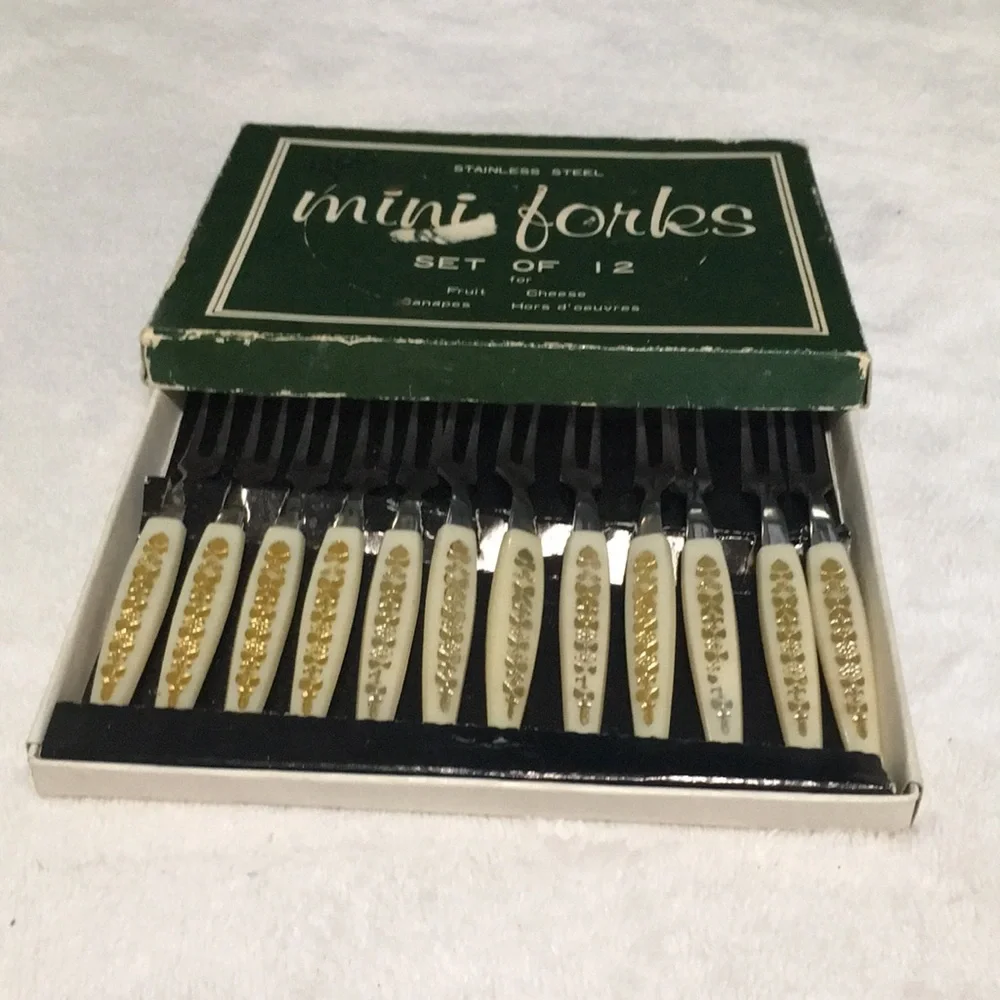 Mini stainless steel forks set of twelve in original box. Vintage